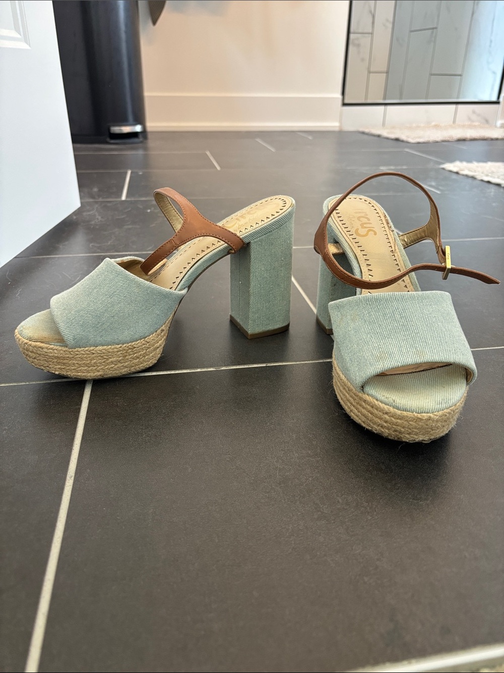 Women's denim Platform Sandal with Brown Strap